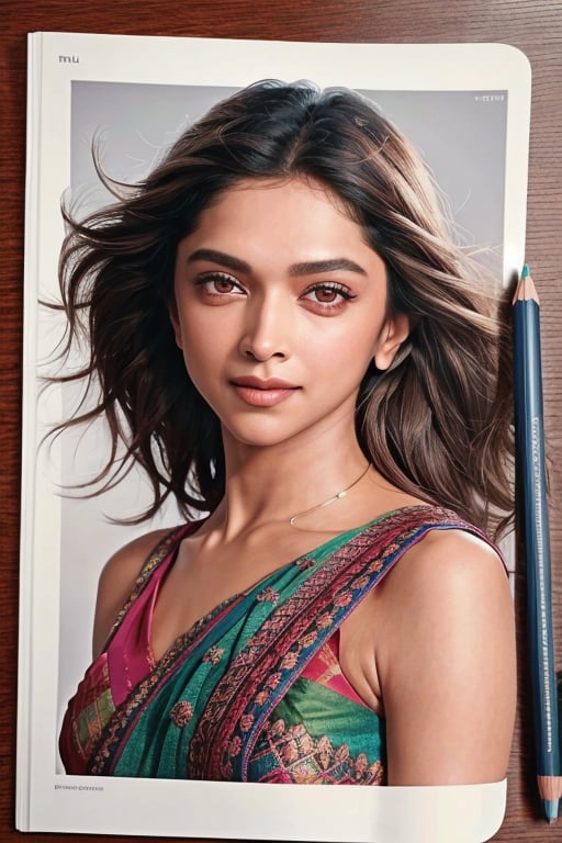 masterpiece, best quality, DeepikaPadukone, smiling, by [__artist-nude__:Emil Nolde:0.56], intricate realistic, colour pencil drawing, spiral bound notebook, color splash, caricature <lora:DeepikaPadukone:1>