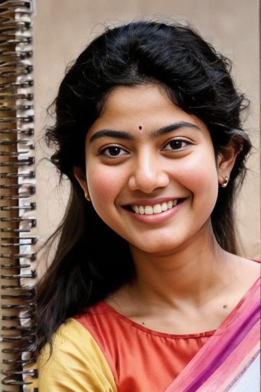 masterpiece, best quality, SaiPallavi, smiling, by [Paolo Veronese:Frank Frazetta:0.56], intricate realistic, colour pencil drawing, spiral bound notebook, color splash, caricature