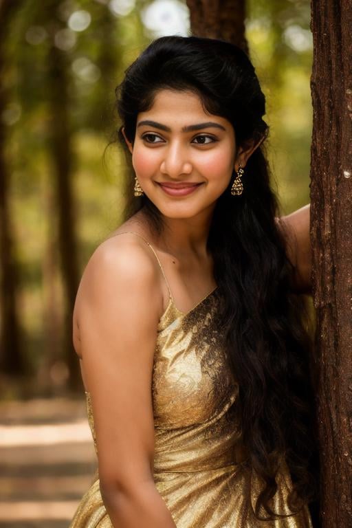 ((FireFull)) Portrait of SaiPallavi with fox ears, fox snout, wearing a golden gossamer twinkling gown, up close, 8k, high quality, golden sparkling lighting, hair in a messy bun, beautiful dark fantasy forest background, DarkFantasy