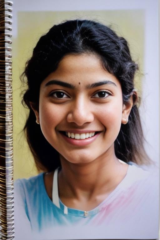 masterpiece, best quality, SaiPallavi, smiling, by [Paolo Veronese:Frank Frazetta:0.56], intricate realistic, colour pencil drawing, spiral bound notebook, color splash, caricature