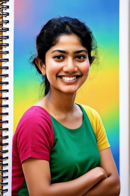 masterpiece, best quality, SaiPallavi, smiling, by [Paolo Veronese:Frank Frazetta:0.56], intricate realistic, colour pencil drawing, spiral bound notebook, color splash, caricature