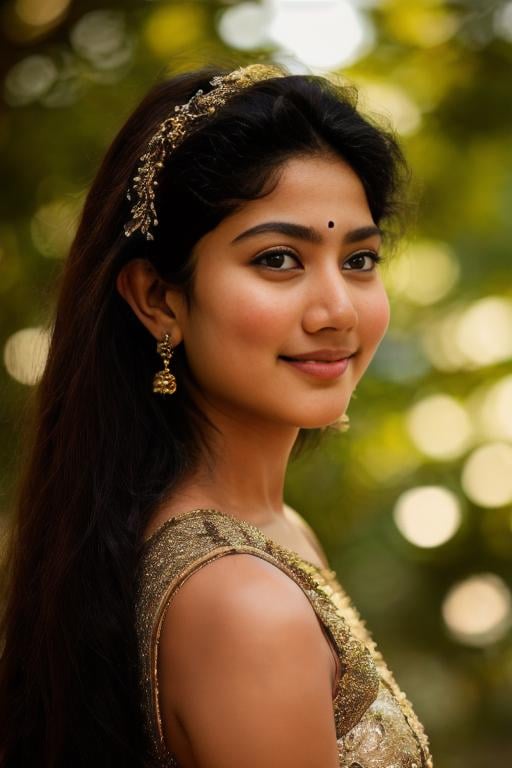 masterpiece, best quality, SaiPallavi, ((FireFull)) Portrait of a girl with fox ears, fox snout, wearing a golden gossamer twinkling gown, up close, 8k, high quality, golden sparkling lighting, hair in a messy bun, beautiful dark fantasy forest background, DarkFantasy