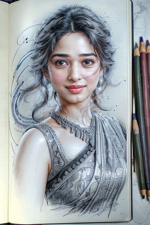 masterpiece, best quality, <lora:thamanna:1> thamanna, by [Antoine Ignace Melling:Affandi:0.56]intricate realistic pencil drawing on spiral bound notebook, color splash, caricature