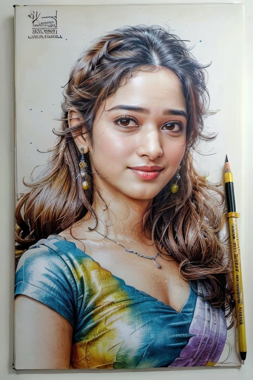 masterpiece, best quality, <lora:thamanna:1> thamanna, by [Paolo Veronese:Frank Frazetta:0.56]intricate realistic pencil drawing on spiral bound notebook, color splash, caricature 