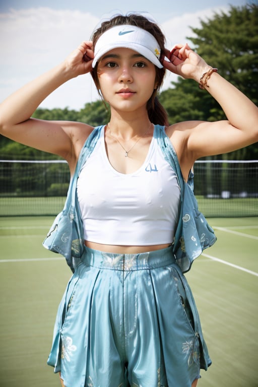 masterpiece, best quality,  <lora:shw0t0tr1:1> shw0t0tr1, medium shot, wearing a white tshirt and denim skirt, cinematic, hyperrealistic, photo, full body, sexy, bare shoulders, medium_breasts, skin detailed, hdr, cinematography, epic, Playing tennis, The tennis outfit consists of a sleeveless shirt and a skirt, both made from a lightweight, breathable fabric that wicks away sweat and allows for a full range of motion. The shirt is form-fitting, hugging the curves of the body without restricting movement, and is designed with a flattering V-neckline. The skirt is short and flouncy, with pleats that swirl and bounce with each movement. It is designed to move with the body, allowing for quick pivots and turns on the court, and is often paired with a pair of fitted shorts or compression leggings for added support and coverage. The outfit is often made in bright colors or bold prints, adding a sense of energy and excitement to the court. Accessories such as wristbands, headbands, and visors are also common, helping to keep sweat out of the eyes and adding a touch of style to the overall look. Overall, the tennis outfit is designed to be both functional and stylish, allowing the player to move with ease and confidence while also expressing their own unique personality and flair.. By jamie wyeth