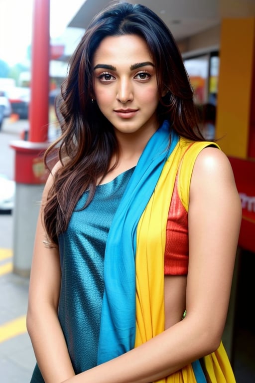 masterpiece, best quality, <lora:KiaraAdvani:1> KiaraAdvani, in a fastfood junction, laughing for a lame joke 