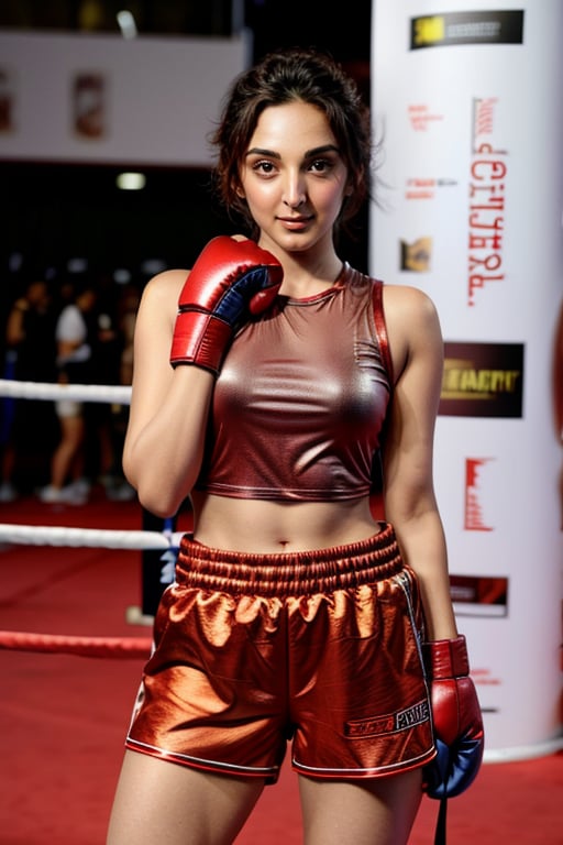 masterpiece, best quality, <lora:KiaraAdvani:1> KiaraAdvani, by [ivan shishkin:kinoko evans:0.45], wearing a boxing shorts, sweaty, Redcarpet event 