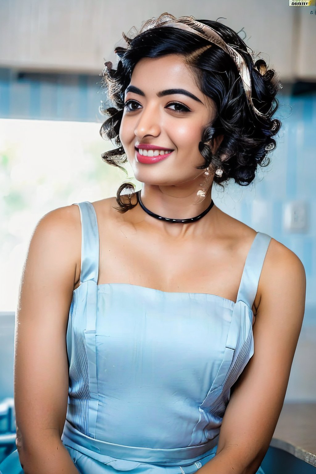 RashMand  <lora:RashMand:0.9>,(Photo:1.3) of (Realistic:1.3), wearing a milk maid dress, (light blue milk maid dress), (upright pin curl hairstyle), (jet black hair), (kitchen background), elegant, highly detailed. vibrant, photorealistic, realistic, sharp focus, 8k