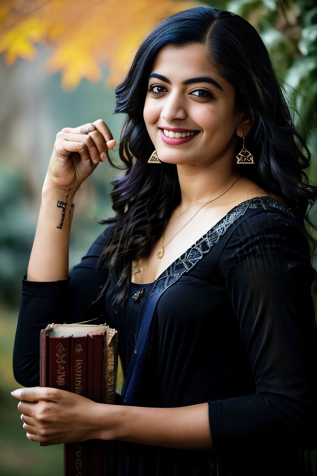 RashMand  <lora:RashMand:.8>, portrait photo of RashMand by Joseph Cornell as a witch, (black witch outfit), evil smile, pointing at person, fall season background, fine-face, realistic shaded perfect face, fine details. Realistic shaded lighting poster, holding book of shadows 