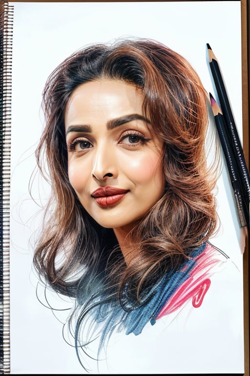 masterpiece, best quality, <lora:MalaikaArora:1> MalaikaAroraa pencil caricature, funny face expressions of MalaikaArora in action, color splash on notebook, by [diego velázquez:j. m. w. turner:0.56]