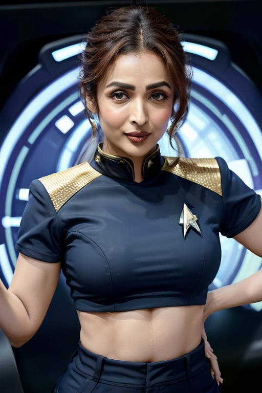 masterpiece, best quality, <lora:MalaikaArora:1> MalaikaArora, by [lee miller:yayoi kusama:0.56]woman in blue uniform, (star trek), (midriff), detailed photograph, high resolution, [[freckles]], epic realistic, bright theme, (natural skin texture, hyperrealism, sharp), gorgeous face, detailed hair