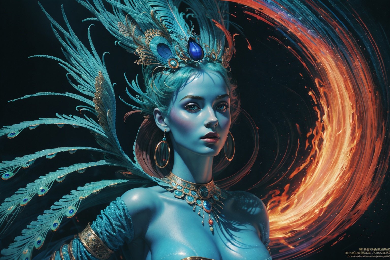  Best Quality, masterpiece, ultra-high resolution, (photo realistic: 1.4), Surrealism, Fantastical verisimilitude, beautiful blue-skinned goddess Phoenix Peacock on her head, fantastical creation, thriller color scheme, surrealism, abstract, psychedelic, 1 girl, , , , , 
