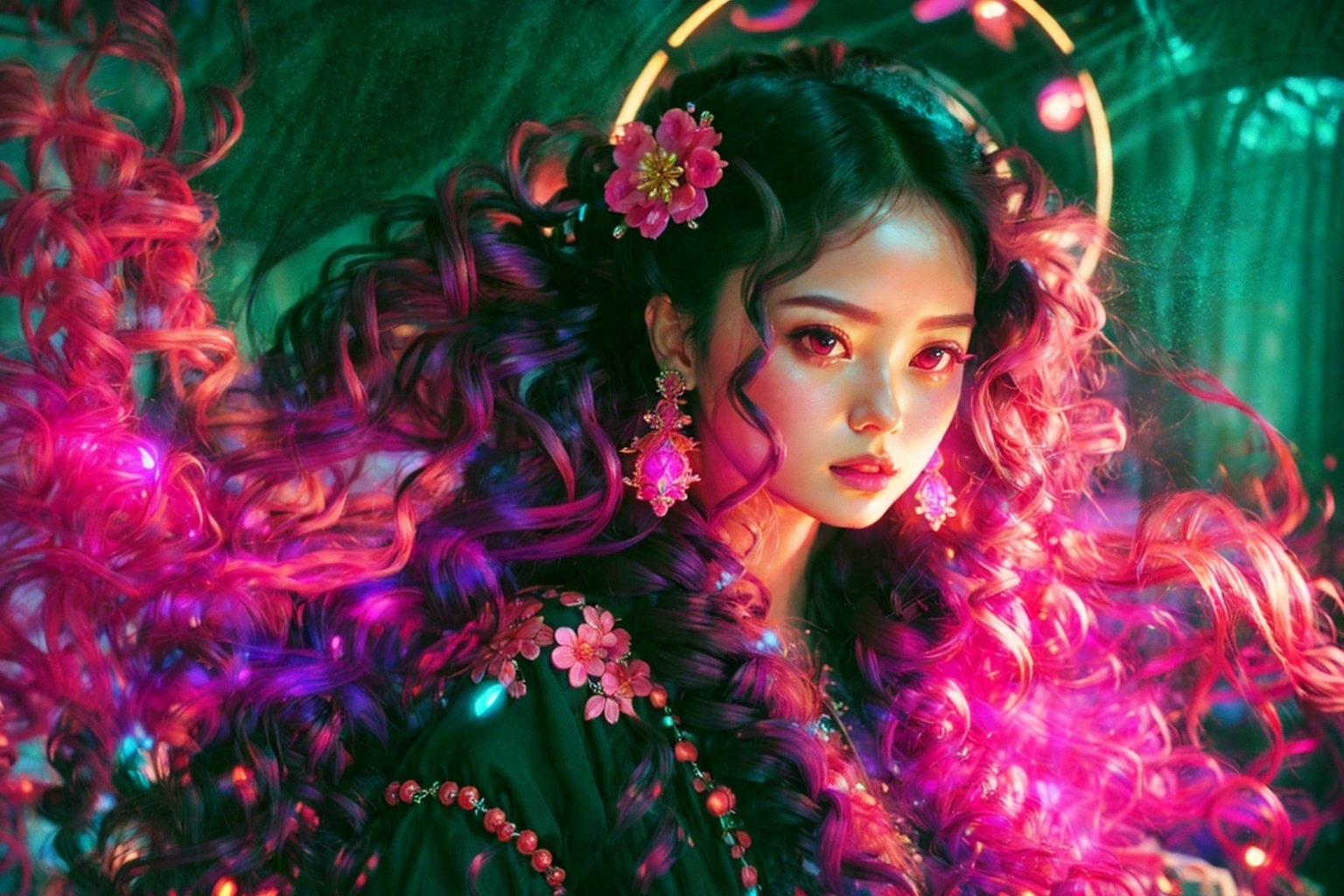  masterpiece, best quality, 8k, insane details, intricate details, hyper quality, high detail, ultra detailed, realistic, 1girl, long hair, jewelry, looking at viewer, dress, hair ornament, black dress, bracelet, bare shoulders, full body, tail, pink flower, black hair, solo, looking at viewer, earrings, black background, lips, wavy hair, glowing, detached sleeves, closed mouth, beads, makeup, long sleeves, EpicSky, huansha, neon_dress, cute girl, , , , , 
