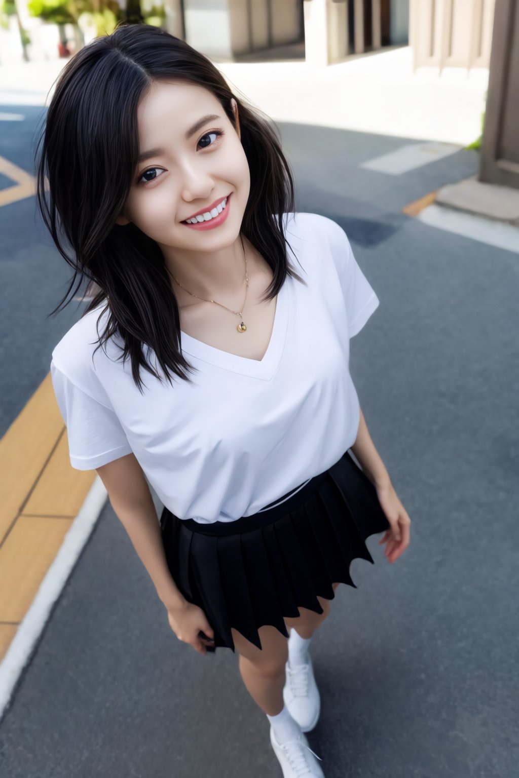 Masterpiece, highest quality, realistic, very fine and fine details, high resolution, 8K wallpapers), 1 beautiful woman, Korean, bright smile, short black hair, sharp focus, medium breasts, brown eyes, beautiful eyes, detailed and realistic Skin texture, height 170, necklace, front shot, figure, neat attire, street, shame, smile, shoes, fantastic, angelic, mental sphere, portrait, short check skirt, white-shirt, jy_piece, full_body,asuka_saito