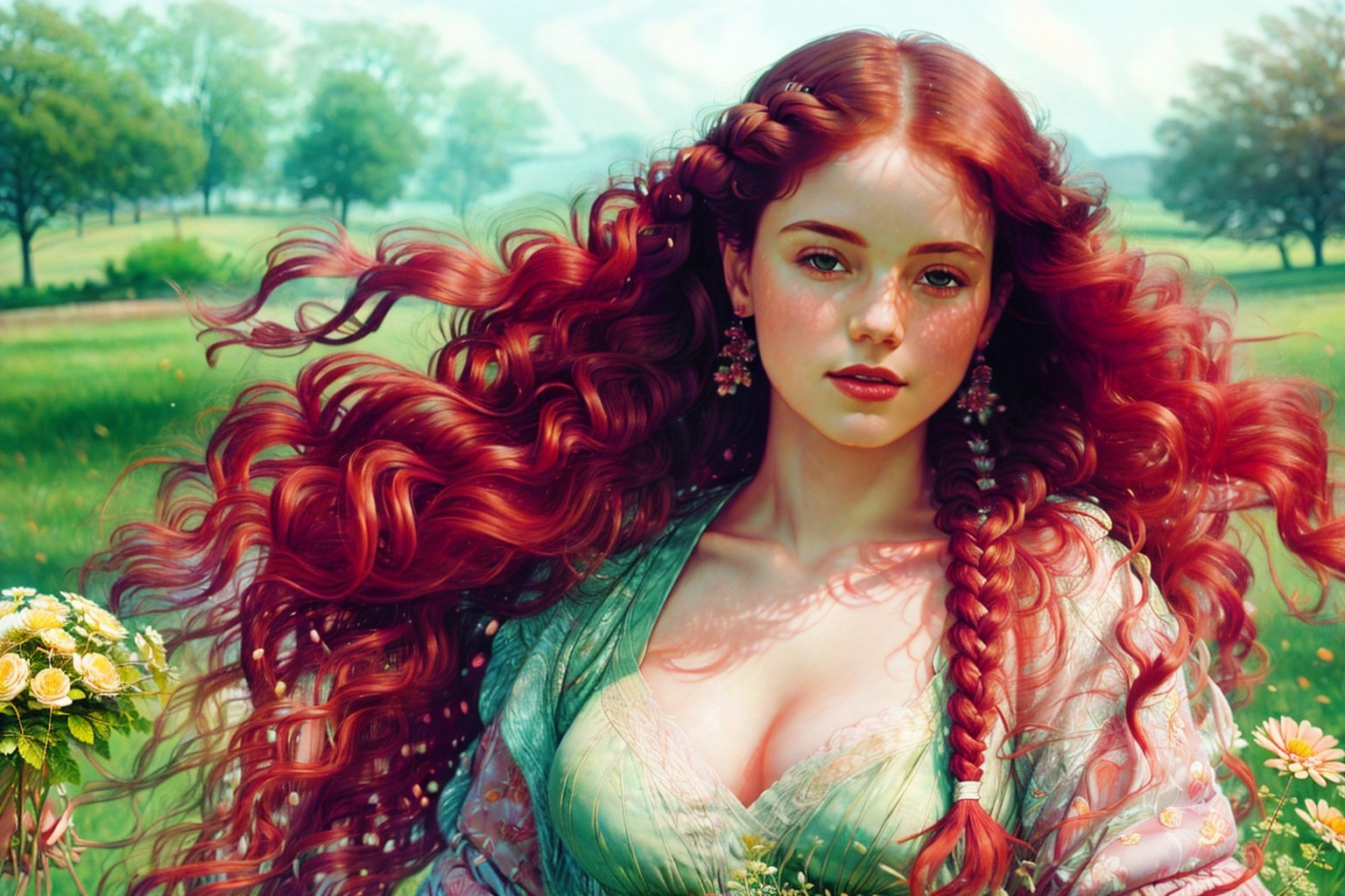  masterpiece, best quality, gorgeous pale american cute girl, smiling, (crop top), red hair loose braided hair, short polca skirt, lean against a tree, field, flowers smiling, perfectly symmetrical face, detailed skin, elegant, alluring, attractive, amazing photograph, masterpiece, best quality, 8K, high quality, photorealistic, realism, art photography, Nikon D850, 16k, sharp focus, masterpiece, breathtaking, atmospheric perspective, diffusion, pore correlation, skin imperfections, DSLR, 80mm Sigma f2, depth of field, intricate natural lighting, looking at camara, 
