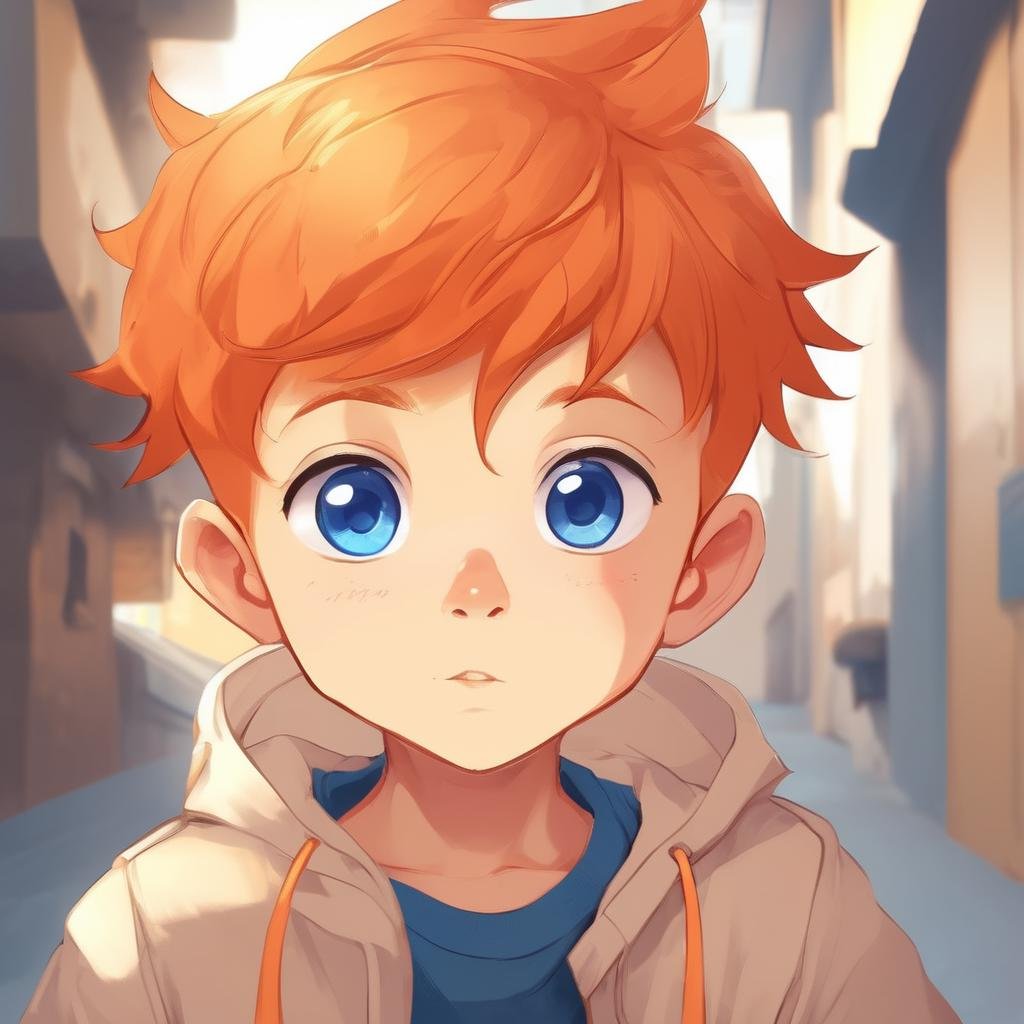 A cute little boy with orange hair and blue eyes ,ExCRedmAF <lora:ExplosionCartoon-ExCRedmAF:1>