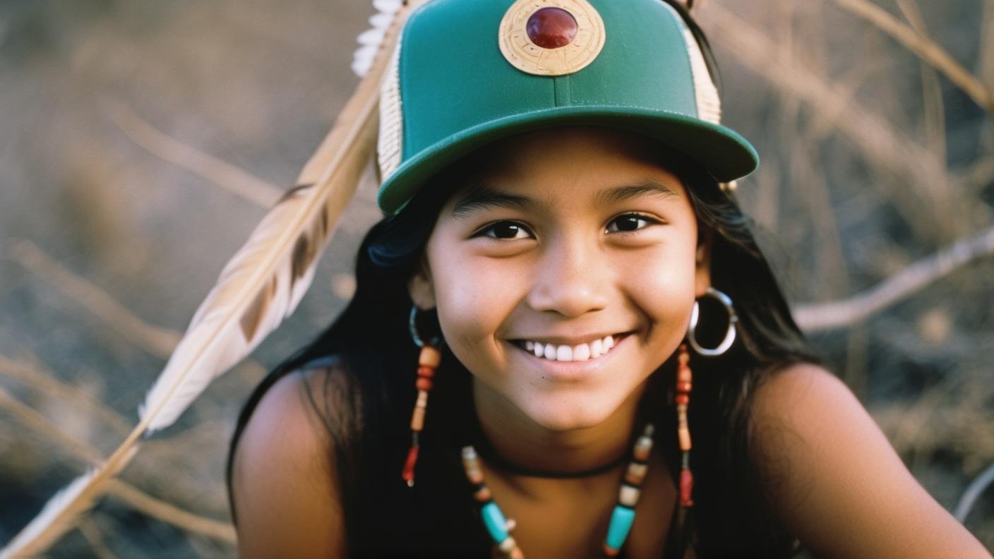 AnalogRedmAF,8k modern photograph of native american girl, green hip hop cap, smiling, <lora:AnalogRedmond-AnalogRedmAF-Repet5-100-NewMulti-DIM128-SNR4:1>