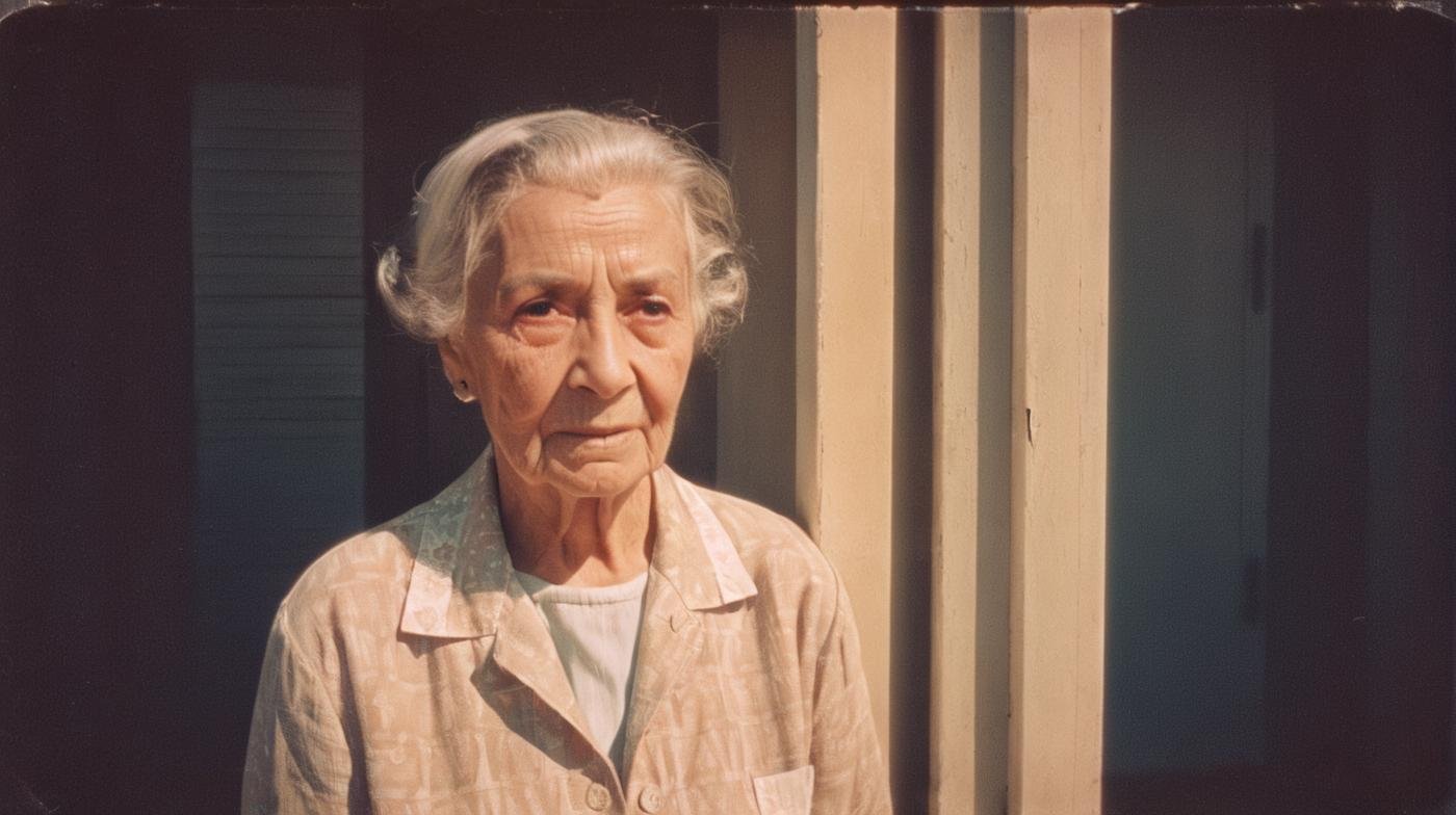 Vintage Photograph, Elderly Woman Portrait, Analog Film, Wearing Time-worn Clothes, 1950s, Soft Lighting, Wrinkled Skin Texture, Simple Background, Rule of Thirds Composition, Visible Grain, Shallow Focus, Amelia Earhar,analog, AnalogRedmAF,<lora:AnalogRedmondV2-Analog-AnalogRedmAF:1>