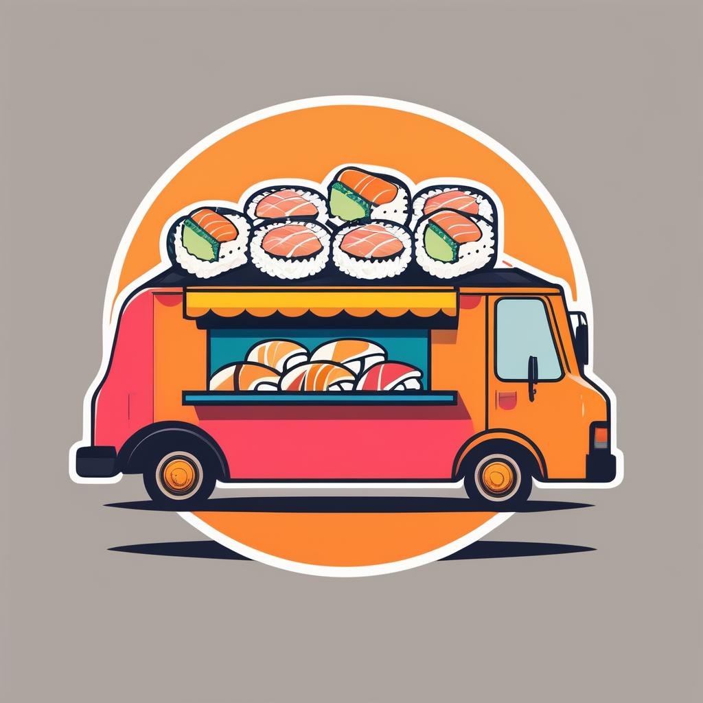 A logo for a sushi food truck, sushi rolls as wheels on a truck, vibrant and fun colors., LogoRedAF, <lora:LogoRedmond_LogoRedAF:1>