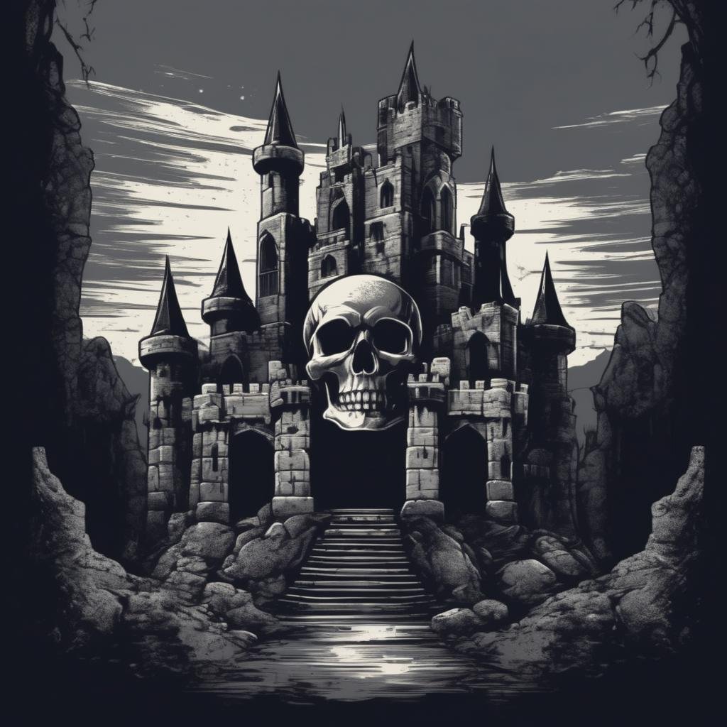 Gothic T-shirt, Skull Object, Haunted Castle Landscape, Dark Monochrome Color Palette, Rough Stone Texture, Etching Style, Dramatic Perspective,T shirt design,TshirtDesignAF,<lora:TShirtDesignRedmondV2-Tshirtdesign-TshirtDesignAF:1>