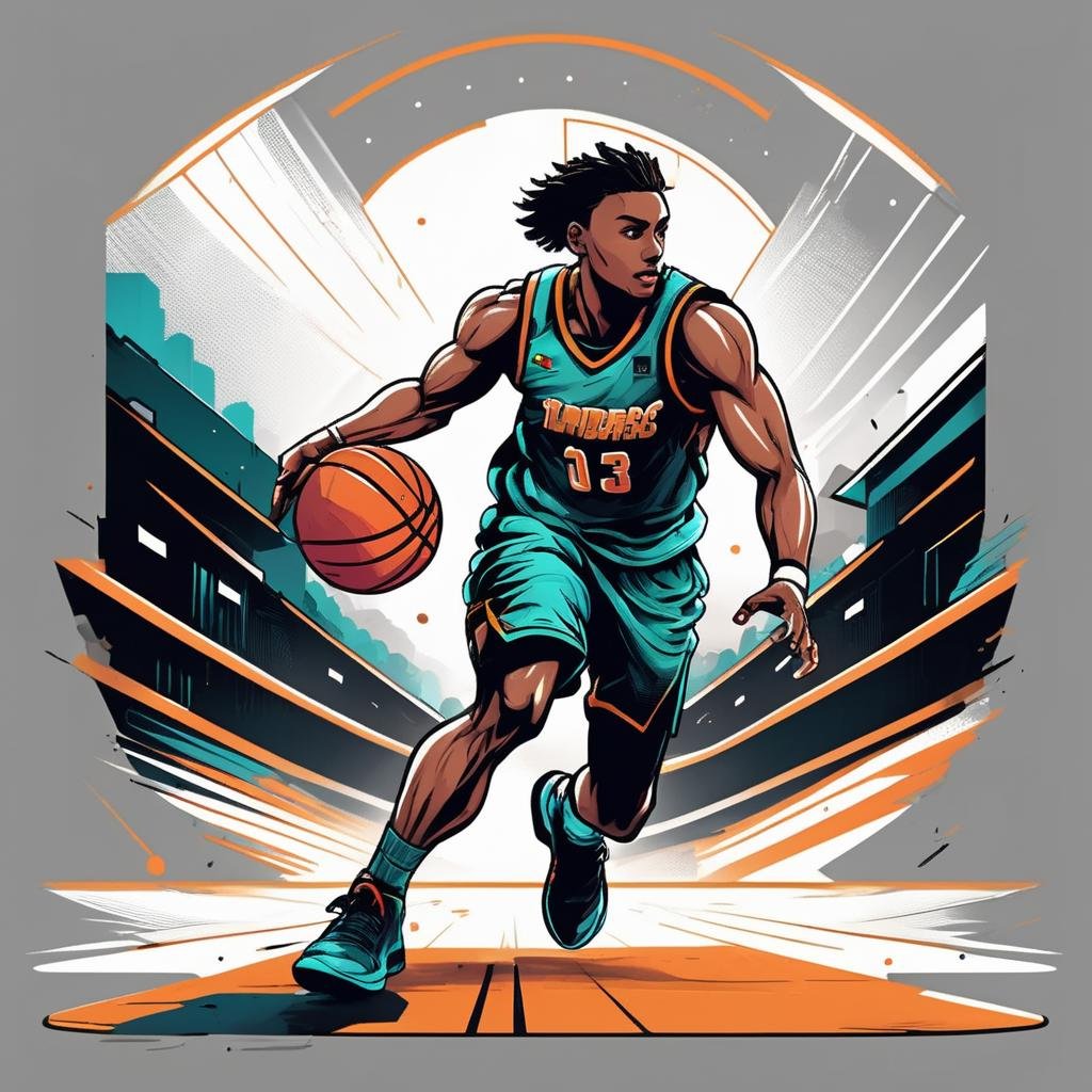 Athletic T-shirt, Basketball Player Character, Stadium Landscape, Team Color Palette, Jersey Texture, Dynamic Lineart, Action Perspective,T shirt design,TshirtDesignAF,<lora:TShirtDesignRedmondV2-Tshirtdesign-TshirtDesignAF:1>