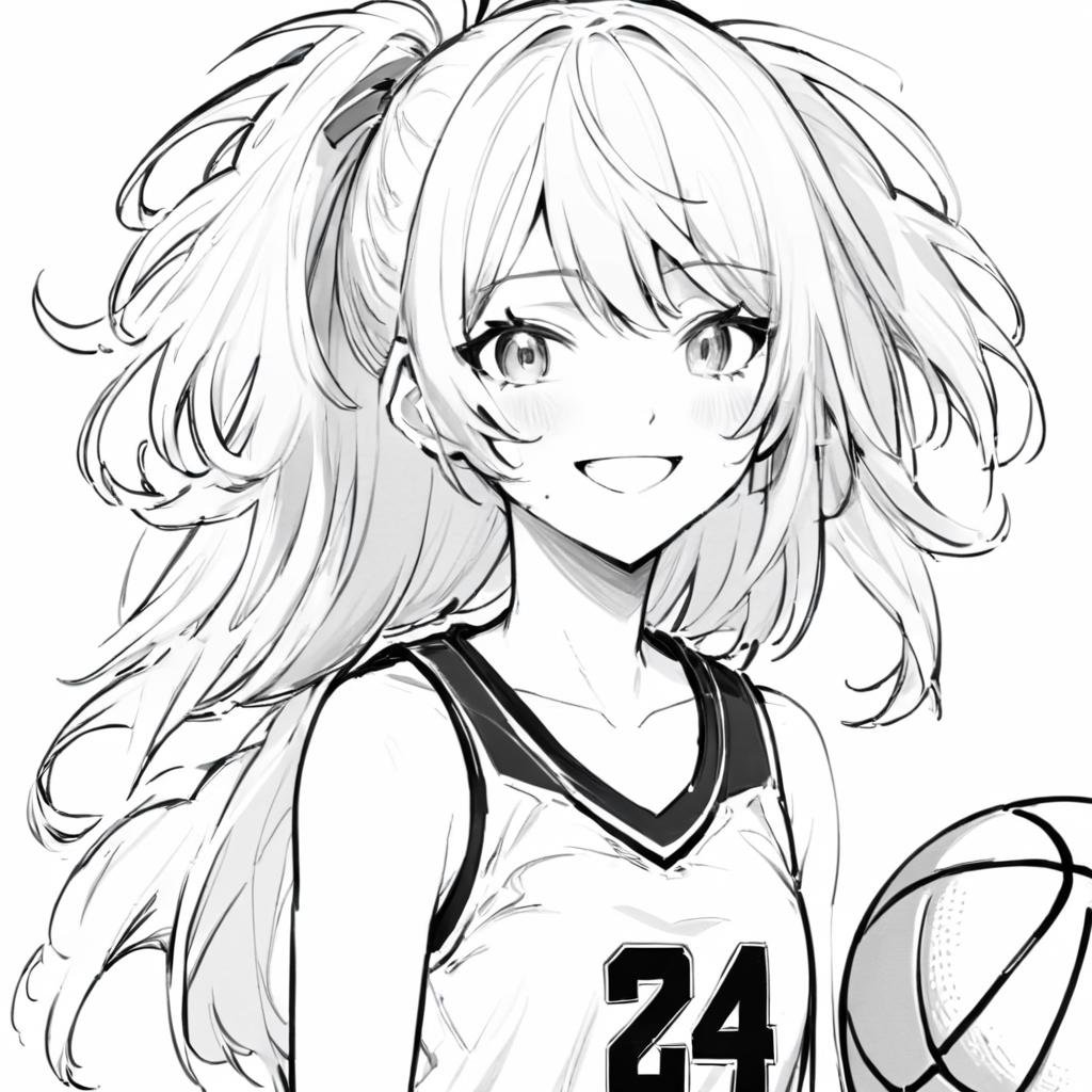 LineAniAF,best quality, anime girl, messy hair, basketball uniform, (smiling:0.5), lineart, monochrome, colorless, <lora:Lineart-LineAniAF-LessSize20:1>