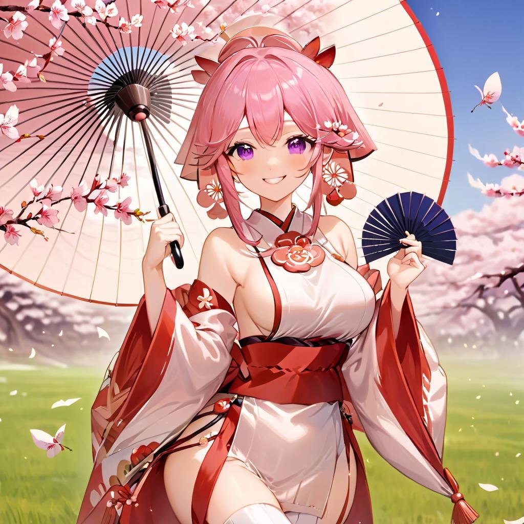 yae Miko stands on the grassland，Her hand holding the circular fan，holding up her umbrella，zoomout，1girl，mature woman，white stocking，japanese clothes, best quality，jewelry, purple eyes, earrings, breasts, torii, cherry blossoms，long sleeves, smile，kpop idol，stick，  beautifully drawn，4k，, YeMkAF <lora:Yaemiko-YeMkAF-NewModel:1>