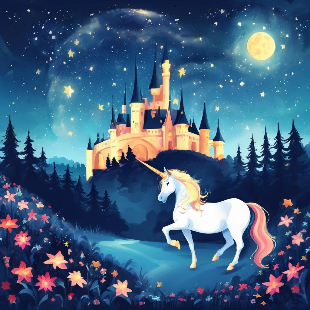 Magical Unicorn, Starry Night, Enchanted Castle Landscape, Midnight, Dreamy Mood, KidsRedmAF, <lora:StoryBookRedmond-KidsRedmAF:1>