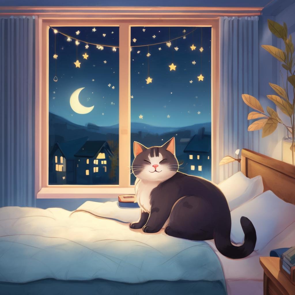 Sleepy Cat, Clear Night, Bedroom Landscape, Bedtime, Relaxing Mood, KidsRedmAF, <lora:StoryBookRedmond-KidsRedmAF:1>