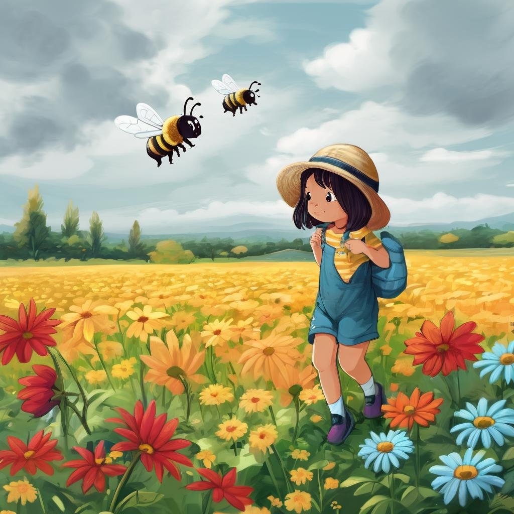 Busy Bee, Cloudy Weather, Flower Field Landscape, Summer Day, Lively Mood , KidsRedmAF, <lora:StoryBookRedmond-KidsRedmAF:1>