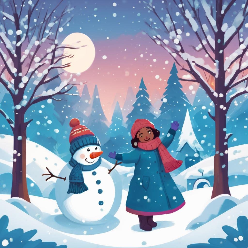 Winter Children's Book Illustration, Cool Color Palette, Snowman Family, Snowfall, Winter Wonderland Landscape, Twilight, Festive Mood, KidsRedmAF, <lora:StoryBookRedmond-KidsRedmAF:1>