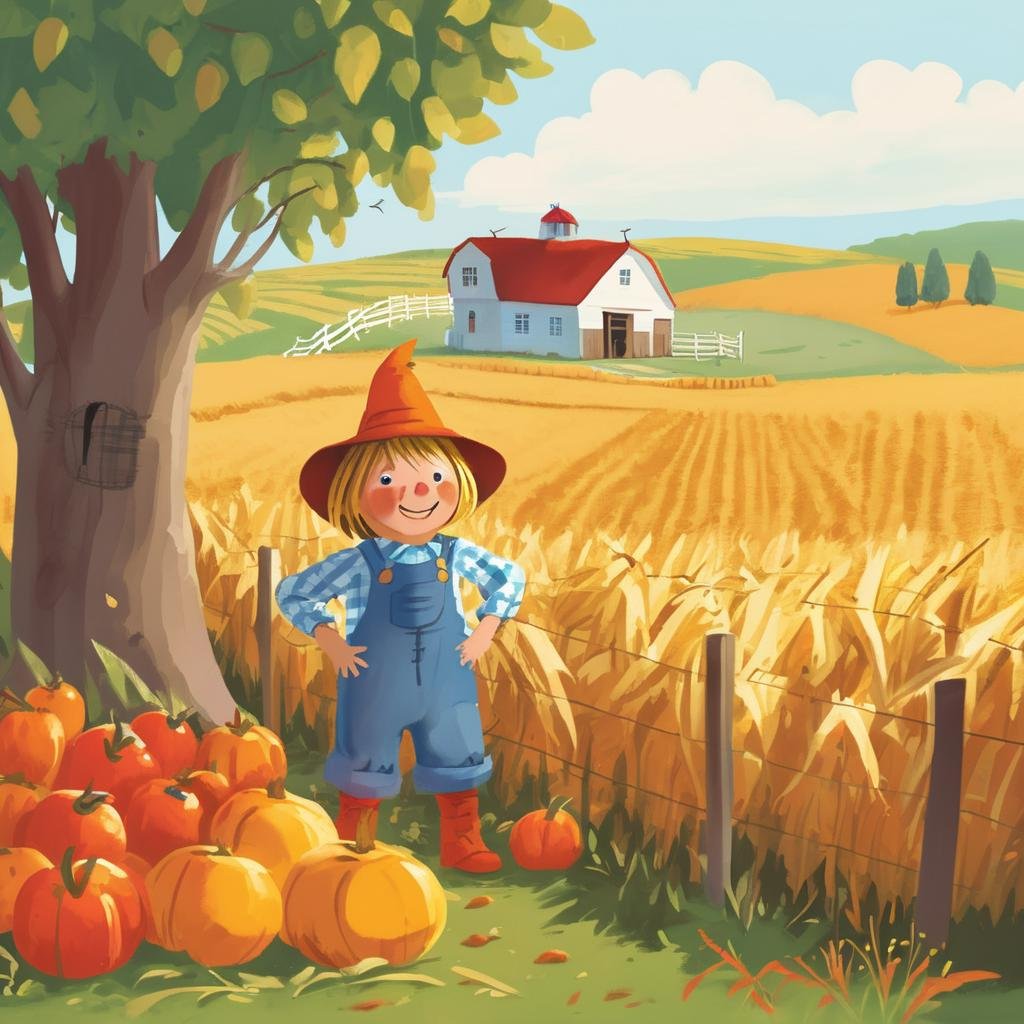 Farm Children's Book Illustration, Harvest Color Palette, Clumsy Scarecrow, Sunny Weather, Farm Landscape, Early Morning, Humorous Mood , KidsRedmAF, <lora:StoryBookRedmond-KidsRedmAF:1>