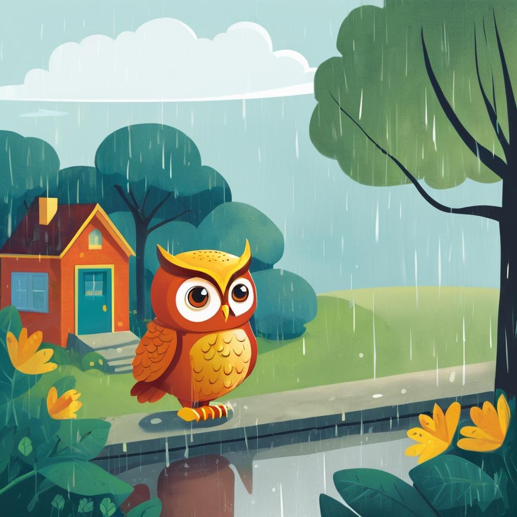 Educational Children's Book Illustration, Primary Color Palette, Wise Owl, Rainy Weather, Schoolyard Landscape, Daytime, Curious Mood, KidsRedmAF, <lora:StoryBookRedmond-KidsRedmAF:1>