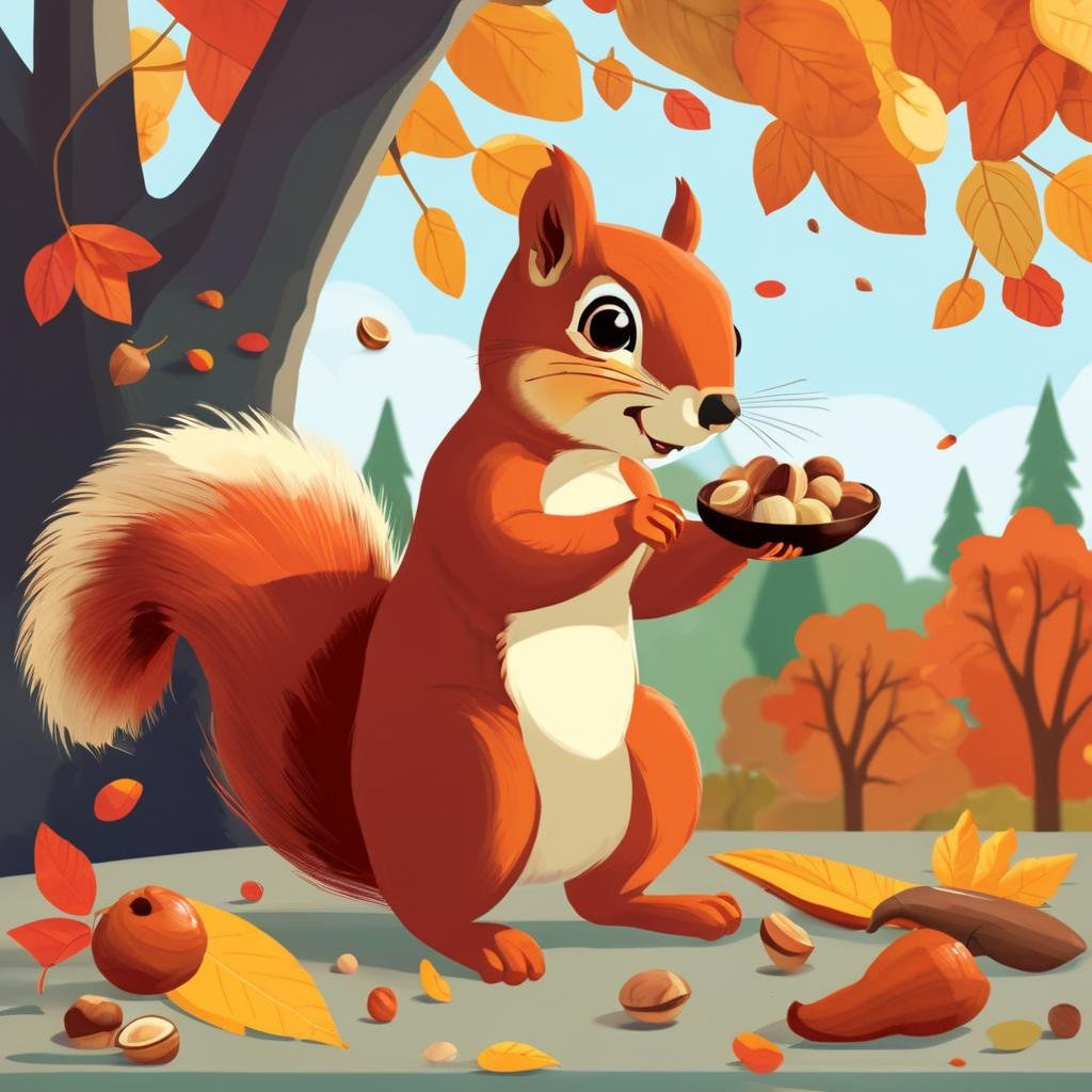 Seasonal Children's Book Illustration, Autumnal Color Palette, Squirrel Gathering Nuts, Crisp Fall Weather, Park Landscape, Autumn Afternoon, Content Mood , KidsRedmAF, <lora:StoryBookRedmond-KidsRedmAF:1>