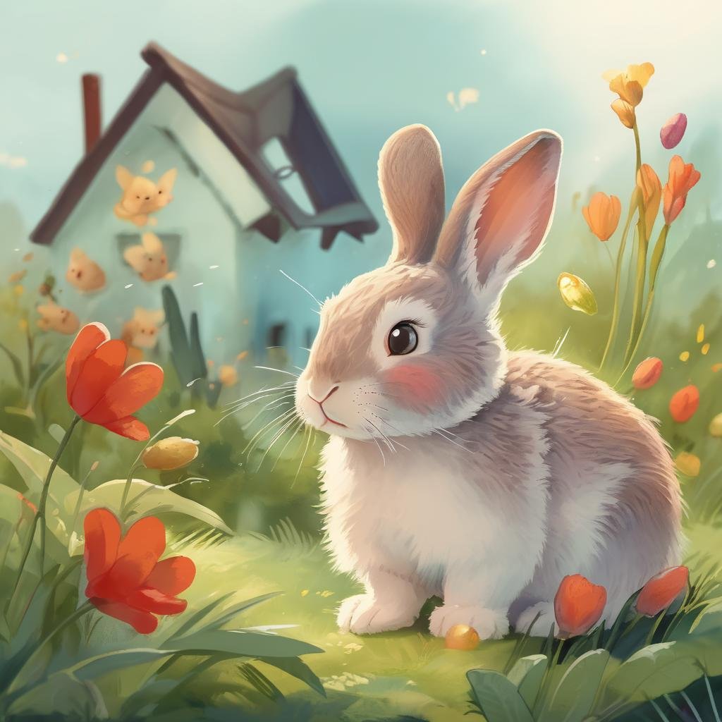 Cuddly Rabbit, Windy Weather, Garden Landscape, Spring Morning, Warm Mood , KidsRedmAF, <lora:StoryBookRedmond-KidsRedmAF:1>