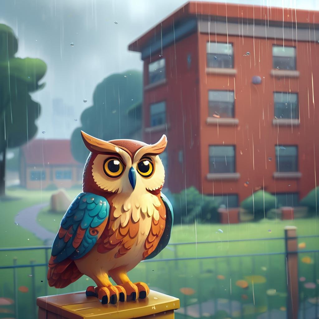 Wise Owl, Rainy Weather, Schoolyard Landscape, Daytime, Curious Mood, KidsRedmAF, <lora:StoryBookRedmond-KidsRedmAF:1>