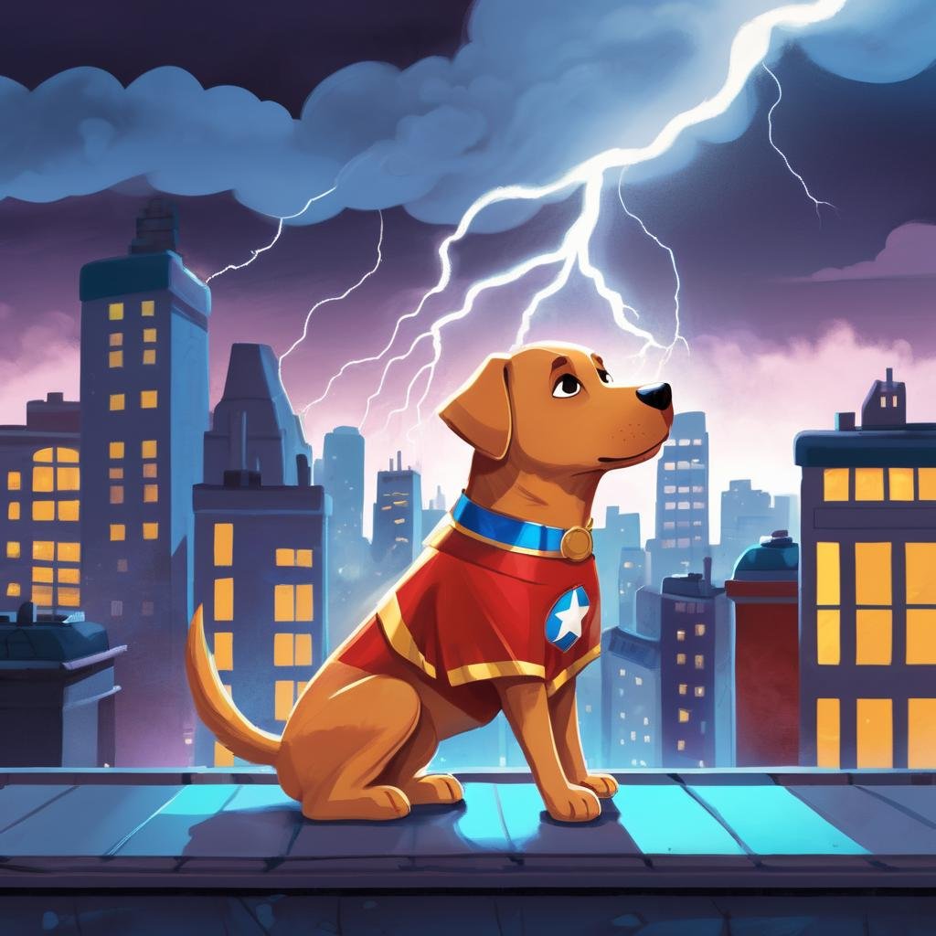 Heroic Children's Book Illustration, Bold Color Palette, Superhero Dog, Thunderstorm, Cityscape Landscape, Night, Courageous Mood , KidsRedmAF, <lora:StoryBookRedmond-KidsRedmAF:1>