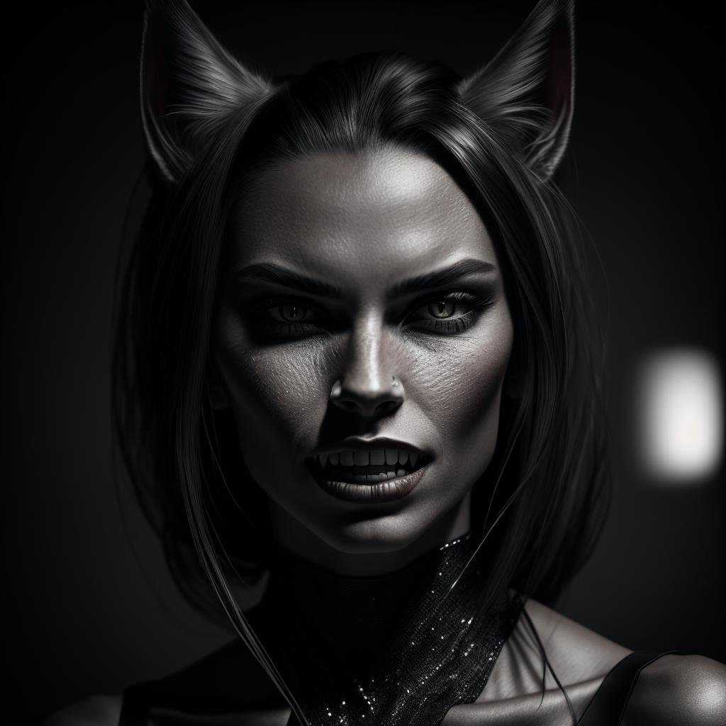 anthromorphic cat woman, sharp teeth, stunning, astounding and complex visuals, photorealism, realistic, hyperrealistic, realism, hyperrealism, leica q2, 32k uhd, octane render, dark color palette, empire style
