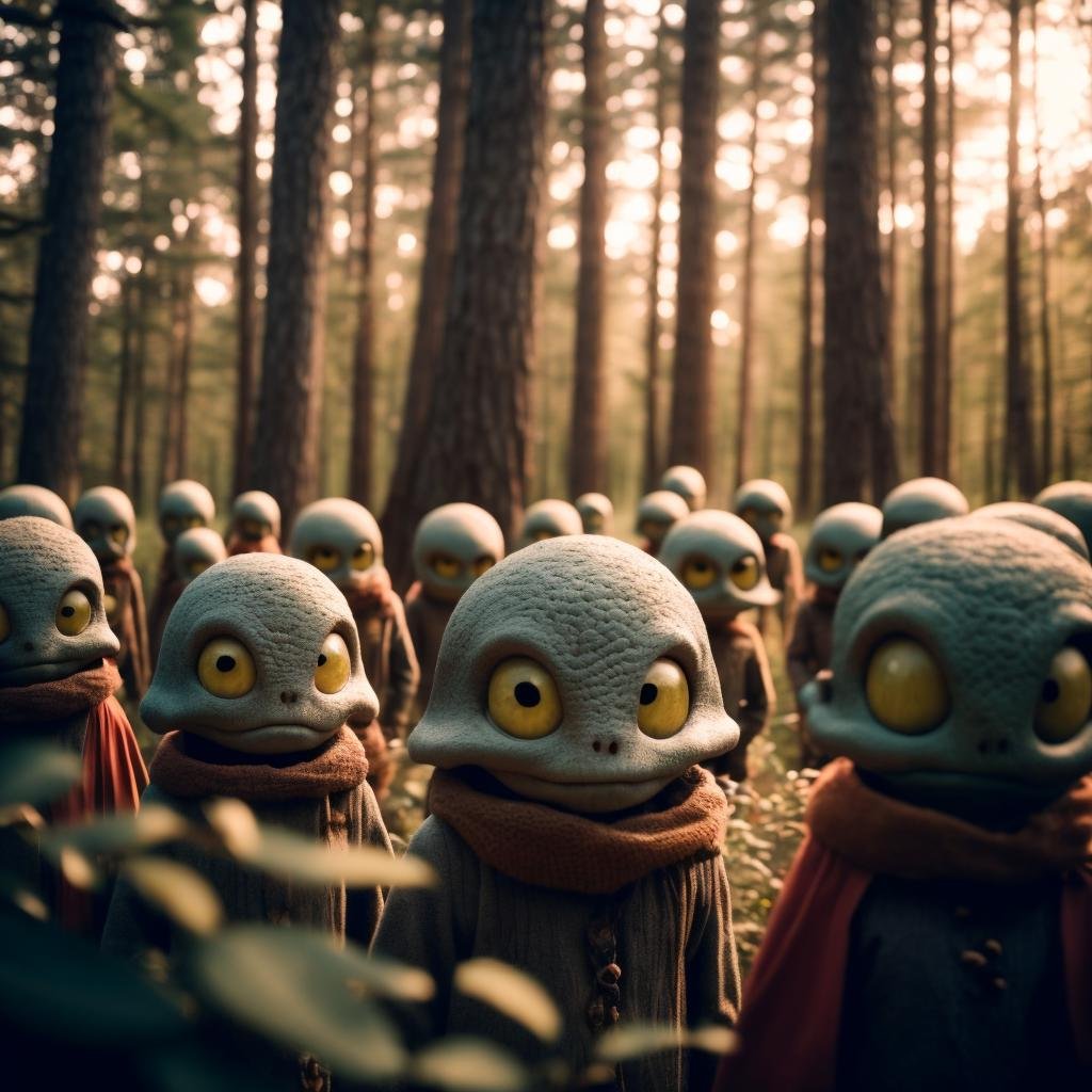 A captivating photograph of a group of an advanced alien race member gathered in a woodland, captured in the golden hour of late night. The image is taken with a fujifilm x100t using a 100mm, creating a depth of field that brings the characters into sharp focus against the softly blurred background. The monochromatic color grading enhances the magical atmosphere, making the characters seem as if they've stepped right out of a storybook.