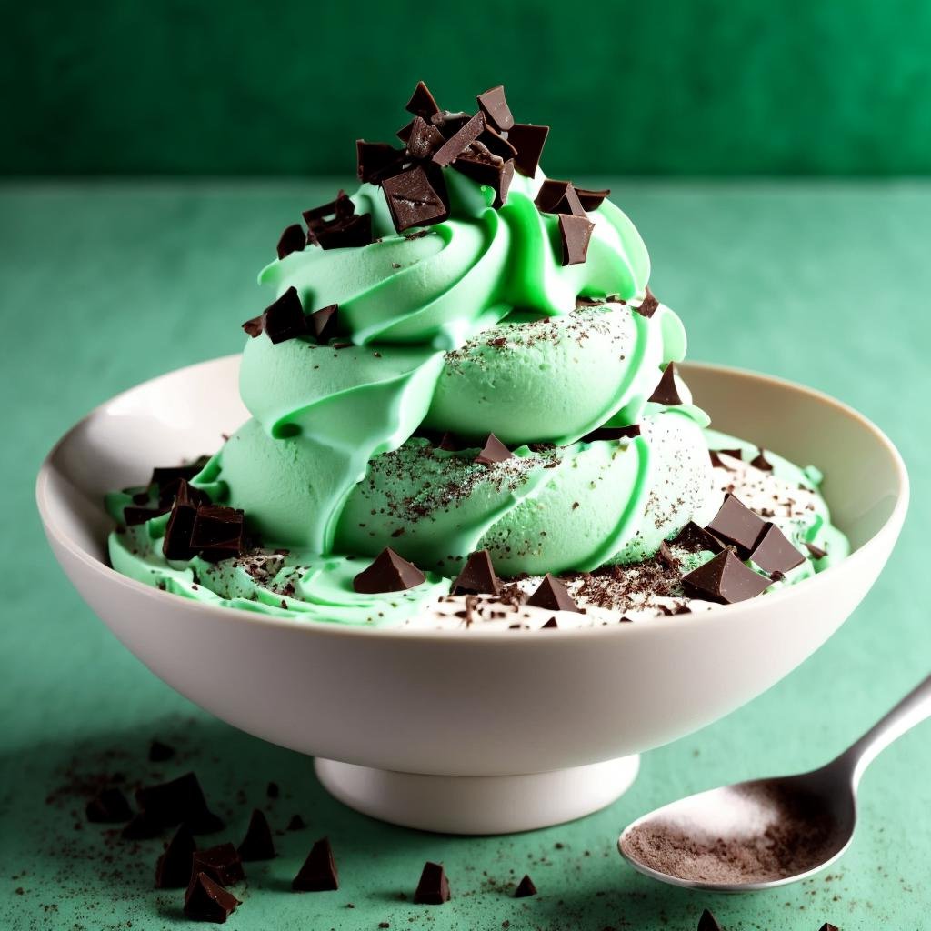 a Nobuyuki Matsuhisa food photograph, mint chocolate ice cream, well garnished with chocolate shavings, shades of green, vibrant green background