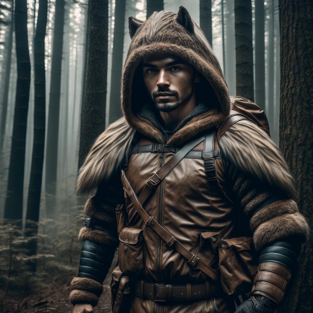 (Award Winning Photo:1.3) of Masterpiece, a man, male focus, ranger in rainy wood, fur hooded, leather armor with backpack (high detailed skin:1.2), 8k, uhd, dslr, soft lighting, high quality, film grain, Fujifilm XT3, epic, intricate details, hyperdetailed, Highly Detailed