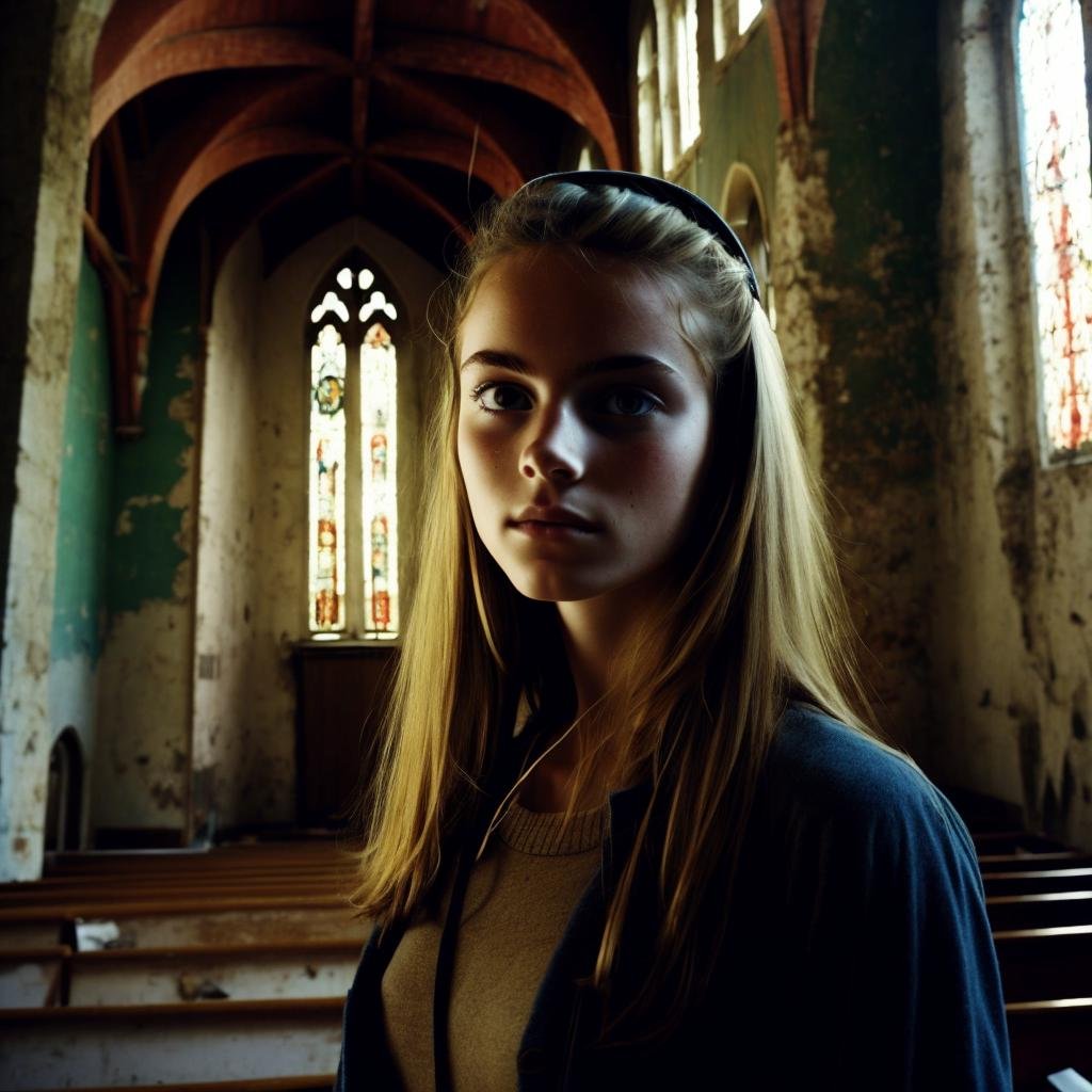 A film still of a portrait of a orgeous teen woman, in a abandoned church, , set in 2010