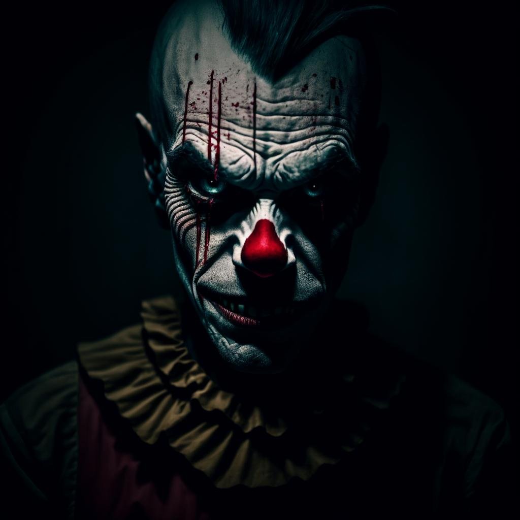 A spine-chilling portrait of a creepy clown with sharp teeth, lurking in the darkness, with blood dripping from his lips, and an eerie smile that sends shivers down your spine. Cinematic photography, using a shallow depth of field and dramatic lighting to create an ominous mood, focusing on the clown's half-face,