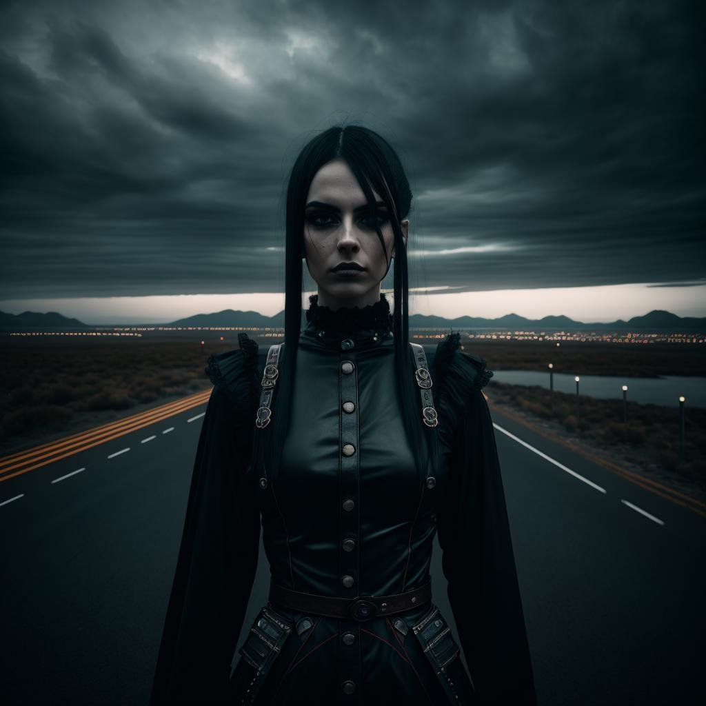 A gothcore warrior portrait, cinematic, futuristic panorama, hyper-realistic still, moody and atmospheric, Sony a7s III