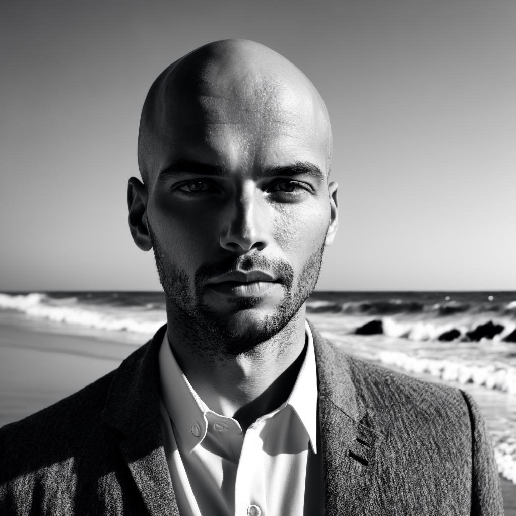 b&w photo of 42 y.o man in black clothes, bald, face, half body, body, high detailed skin, skin pores, coastline, overcast weather, wind, waves, 8k uhd, dslr, soft lighting, high quality, film grain, Fujifilm XT3