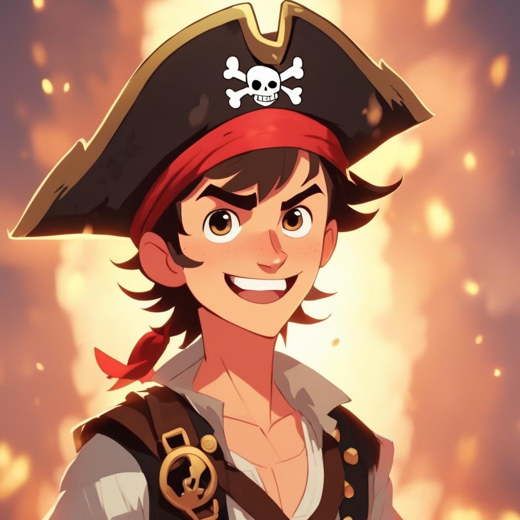 A cute pirate boy wearing a pirate hat,,Cute Cartoon,CuteCartoonAF,<lora:CuteCartoonRedmond-CuteCartoon-CuteCartoonAF:1>