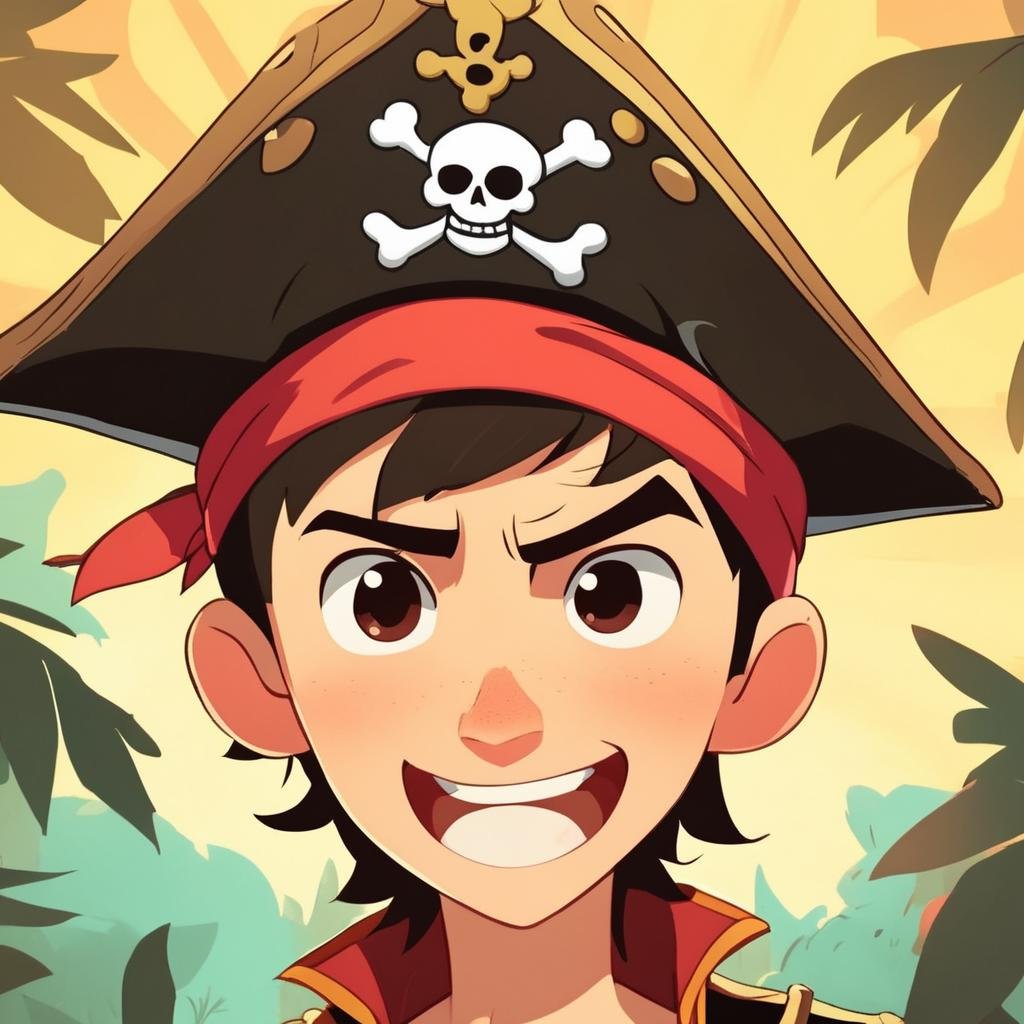 A cute pirate boy wearing a pirate hat,,Cute Cartoon,CuteCartoonAF,<lora:CuteCartoonRedmond-CuteCartoon-CuteCartoonAF:1>