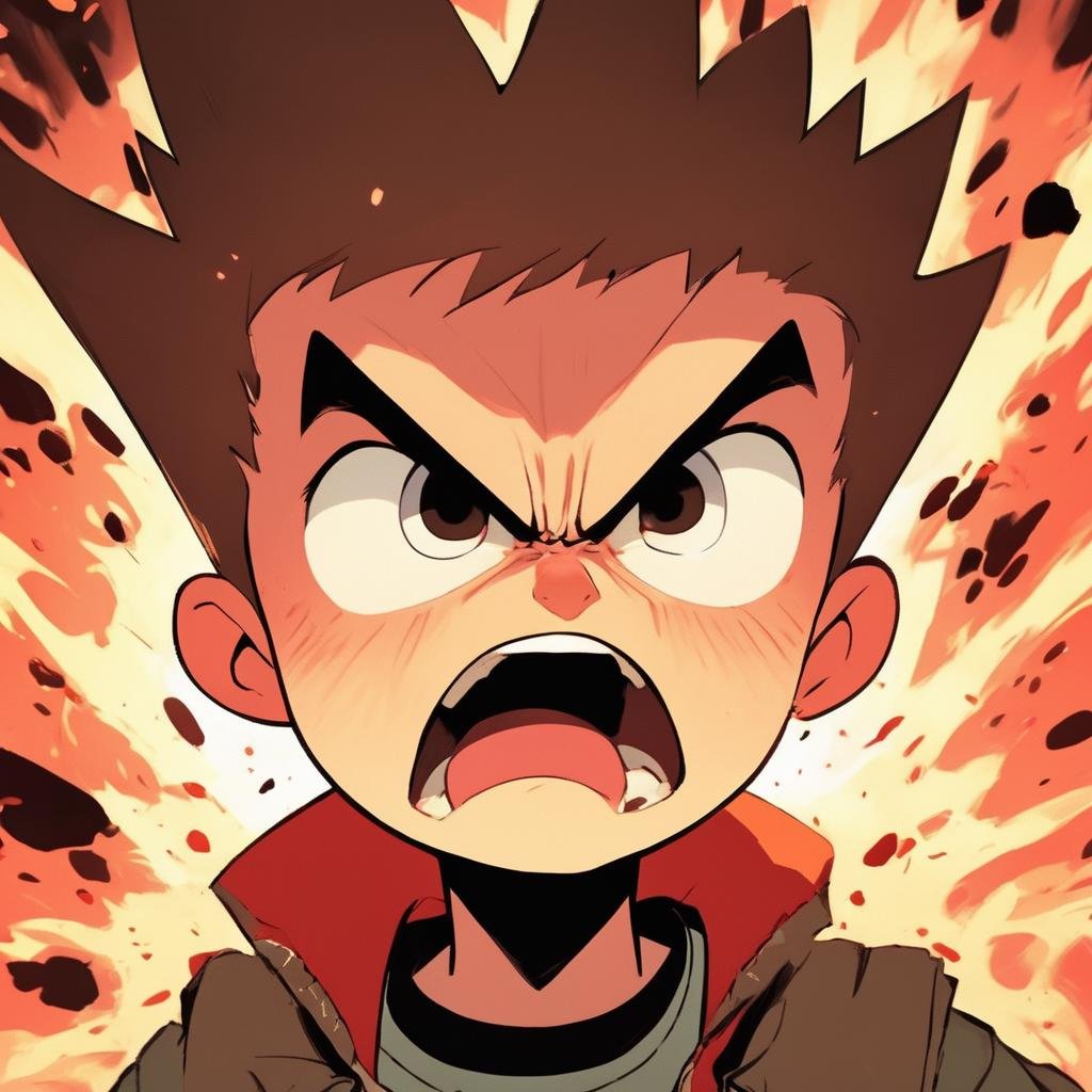 A angry boy, explosive scene, close-up,Cute Cartoon,CuteCartoonAF,<lora:CuteCartoonRedmond-CuteCartoon-CuteCartoonAF:1>