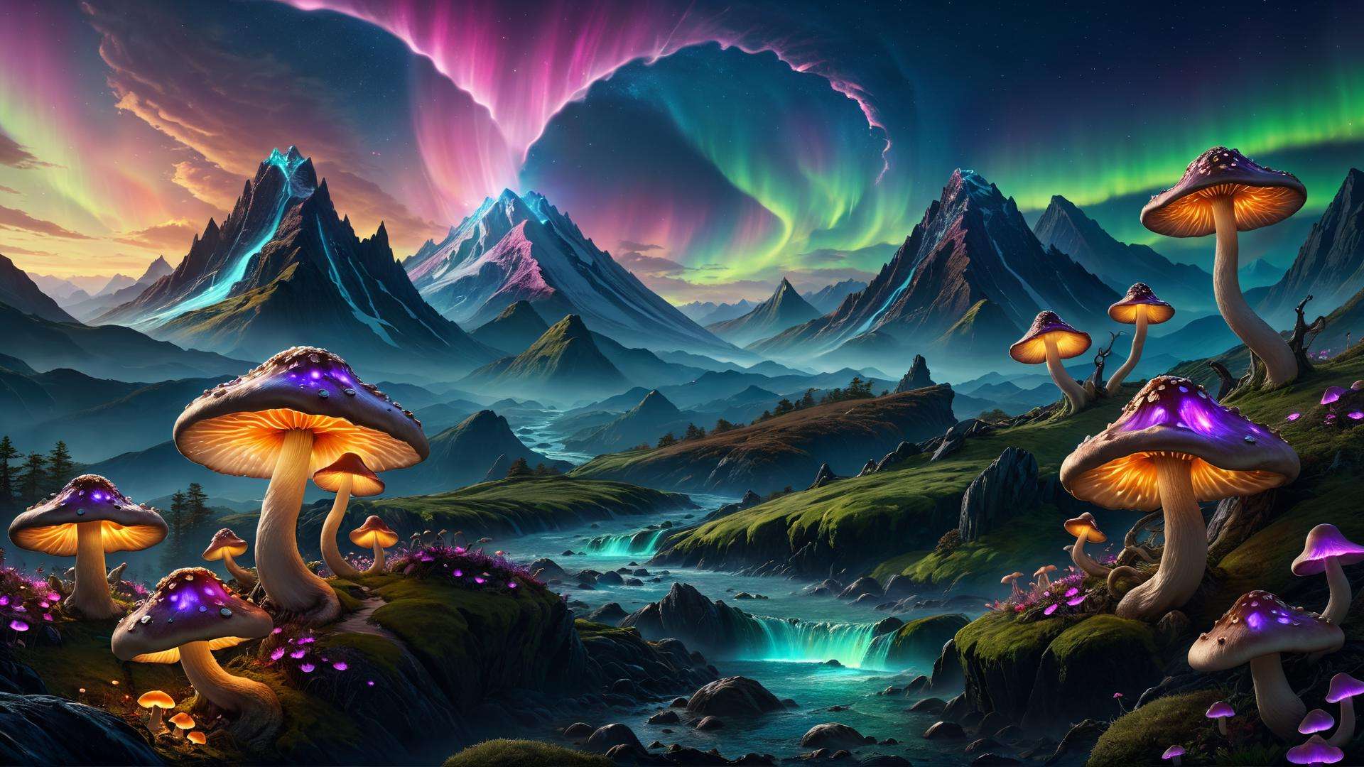 (photorealistic:1.2, Fujifilm XT3), fantasy landscape, mountains, tsunami, mountains in the distance, glowing mushrooms, uplifting, aurora, lord of the rings, (masterpiece:1.2), (epic composition:1.4), (talent:1.2), ultra detailed, cinematic lighting, highly detailed, insanely detailed, (photorealistic:1.2), hdr, 8k, exquisite, sharp, elegant, ambient lighting, fantasy vivid colors, high quality,