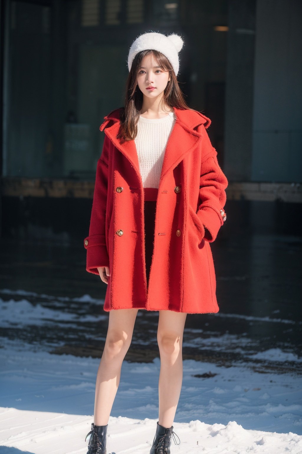 Best Quality, masterpiece, ultra-high resolution, (photo: 1.4) , a beautiful girl in a plush hat, thick clothes, long bare legs, red coat, winter, realism, HD 16K